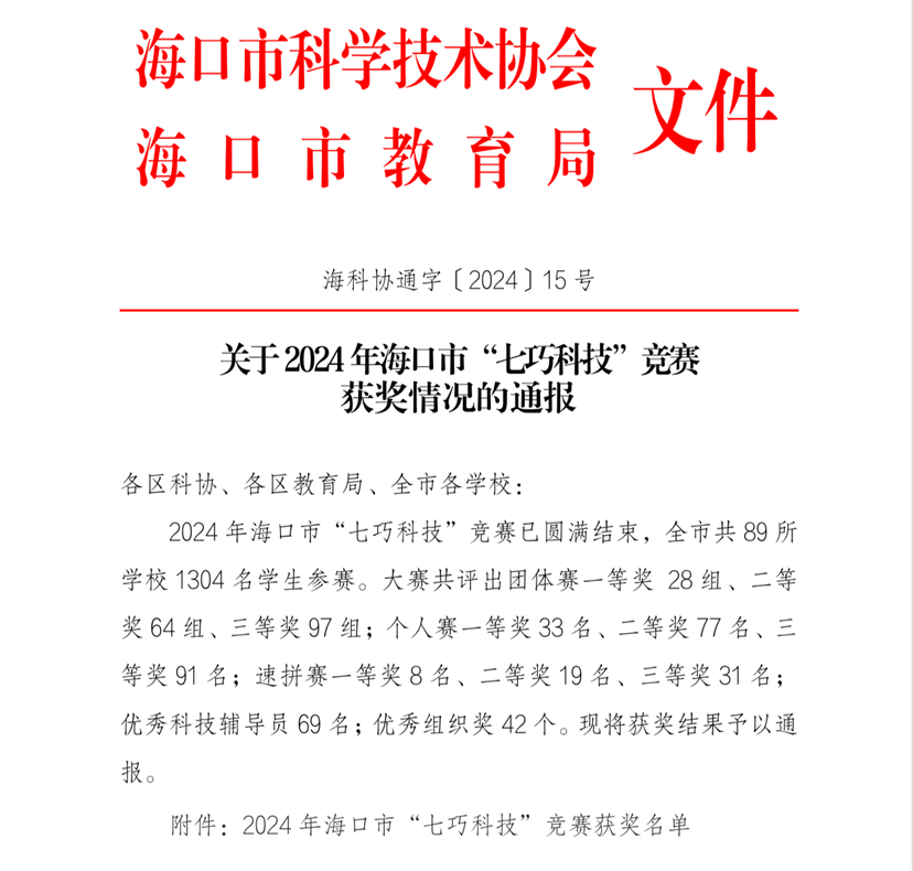 喜报!巨乳做爱
学生在2024年海口市“七巧科技”竞赛中荣获佳绩
